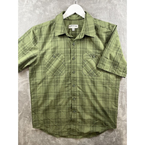 Orvis Mens Green Plaid Short Sleeve Button Up Tech Shirt Sz M Fishing Outdoor‎ - Picture 1 of 7